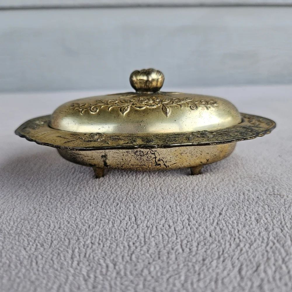 VTG Metal Engraved Footed Trinket Box Storage Footed Floral Japan Gold Patina